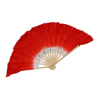 

Beige Bamboo Hand Fan Ribs Flutter Fabric Chinese Folk Dancing Hand Fan Red White
