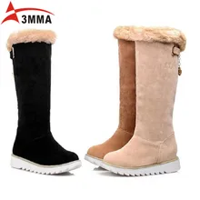 3MMA 2016 Handmade Large Size Rabbit Fur Shaft Snow Boots Women Winter Flats Platform Knee High Boots Warm Black Ladies Boots