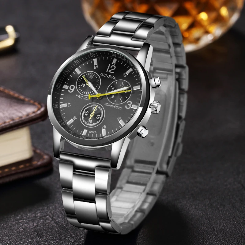 Новые мужские часы Топ люксовый бренд GENEVA ремень из нержавеющей стали модные мужские часы Бизнес Кварцевые наручные часы дизайнерское время