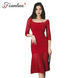 Foamlina сексуальное красное вечернее платье 2018 Новое Осеннее 3/4 рукав выдалбливают цветочные кружева Bodycon платье оборки разрез женское платье