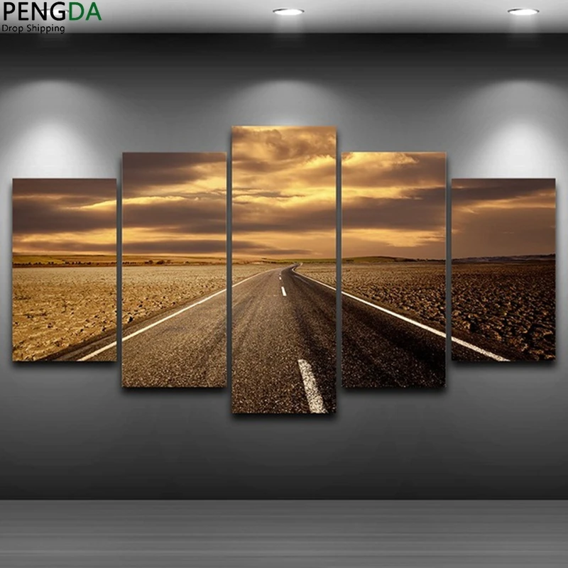 

Canvas Wall Art Modular Pictures Frame Home Decor Living Room Painting 5 Panel Highway Sunset Landscape Poster HD Printed PENGDA
