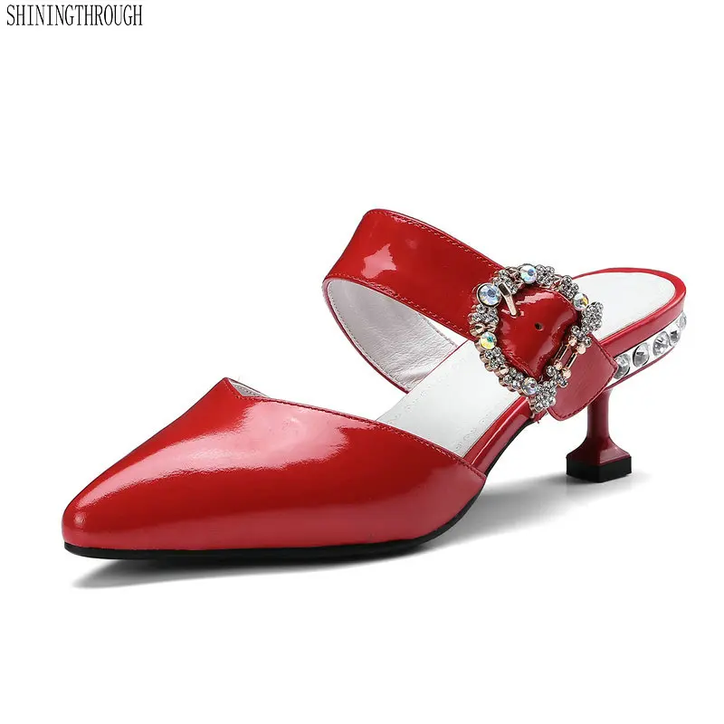 

Genuine leather women slipper poined toe high heels sandals woman black red gray party dress shoes woman large size 44