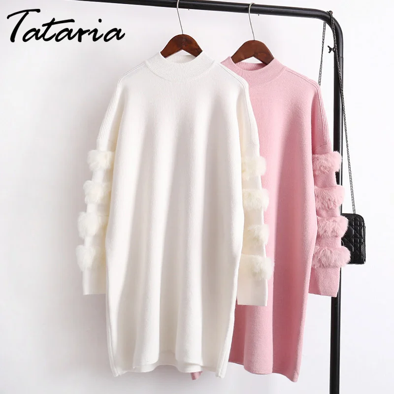 Long Sweater Dress Women Loose Real Rabbit Fur Pull Femme Women Sweaters And Pullovers Knitted Sweater Dresses For Winter