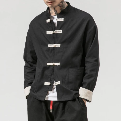 Кимоно куртка мужская мужская хлопковая куртка китайский стиль лягушка застежка кнопка Kongfu пальто мужской свободный Parchwork кардиган пальто 5XL - Цвет: black