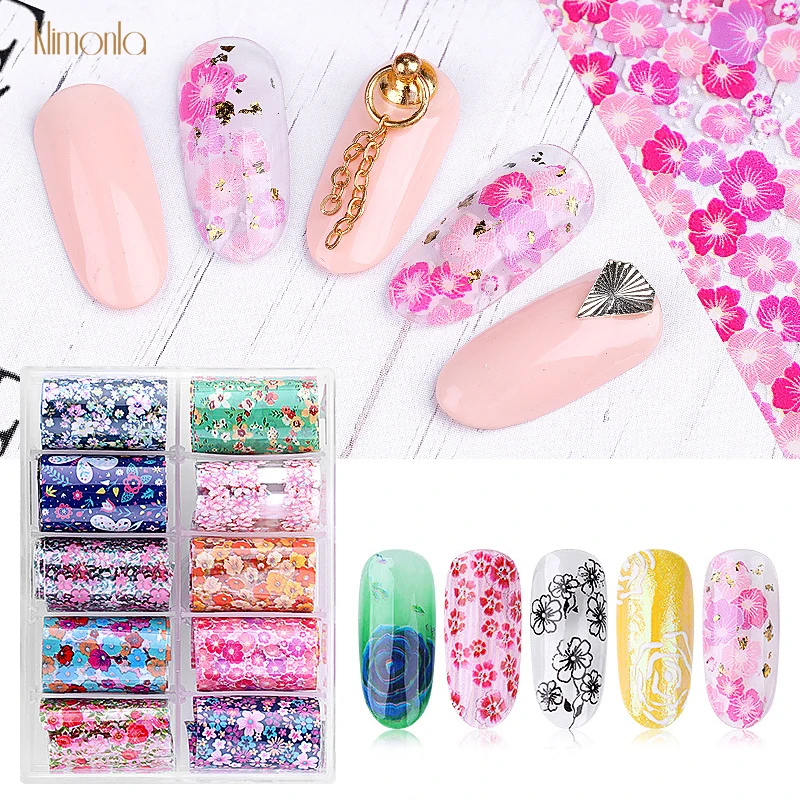 

1 Box 10 Grits Nail Art Transfer Stickers Set Colorful Flowers Nail Foil Holographic Wrap Decals For Manicure Summer Design