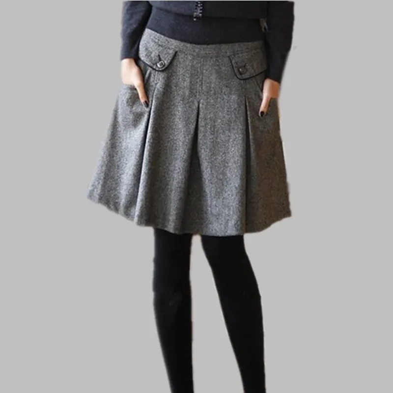 

New 2019 Autumn Winter Spring Skirts Women's Plus Size Pleated Skirt Woolen Pocket Casual Skirts S-6XL Black , Dark Grey Skirt