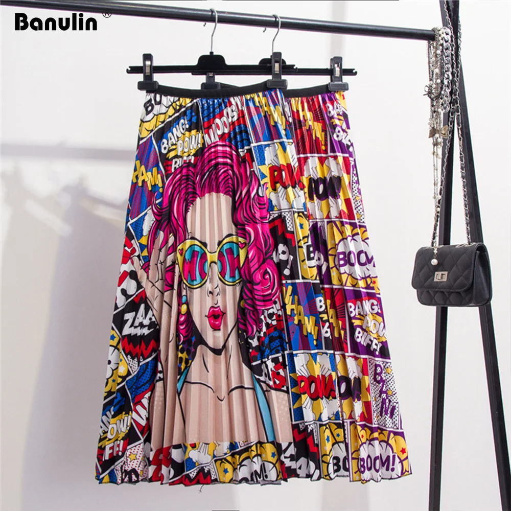 

2019 Streetwear High Waist Pleated Skirt Women Summer Character Print Cartoon Pattern Elastic Waist Long Skirts For Women Rok