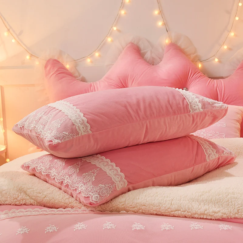 Blue Pink Purple Soft Berber Fleece Princess Girl White Lace Bedding Set Fleece Fabric Duvet Cover Bed sheet/Linen Pillowcases