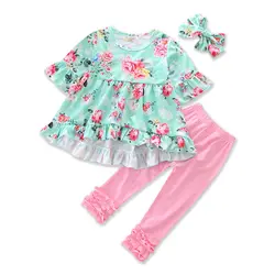 Комплекты одежды для девочек Цветочный принт футболка + розовые Брюки для девочек + повязка на голову, 3 шт. для маленьких девочек одежда из