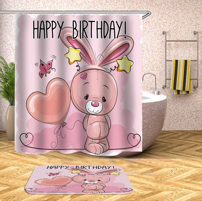 

Happy birthday Pink bunny heart Print Waterproof shower curtain Polyester Fabric Bathroom Shower Curtain with 12 Hooks