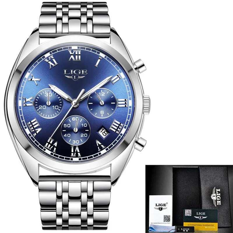 LIGE хронограф мужские часы Relogio Masculino коричневые кожаные бизнес Кварцевые часы мужские креативные армейские военные наручные часы - Цвет: Silver blue steel