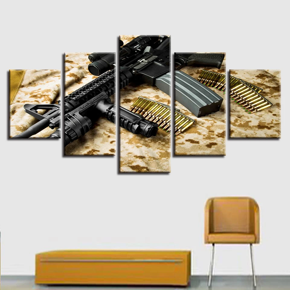Fashion Canvas Painting Wall Art Prints Home Decoration Modular 5 Panel Gun Bullets Pictures For