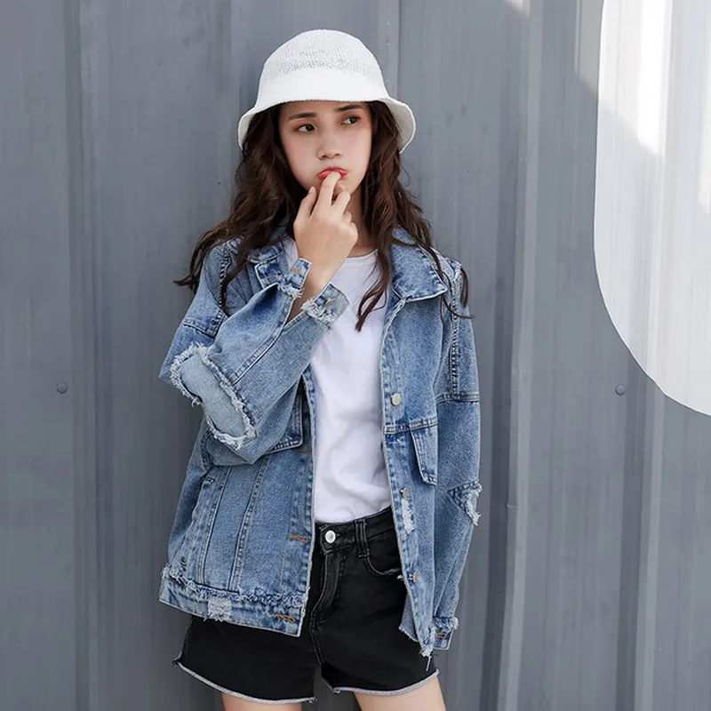 

EXOTAOJeans Coat Wash Blue Hole Female Jacket New Arrival Frayed Patchwork Denim Jackets BF Wind Turn-Down Collar Women Jacket