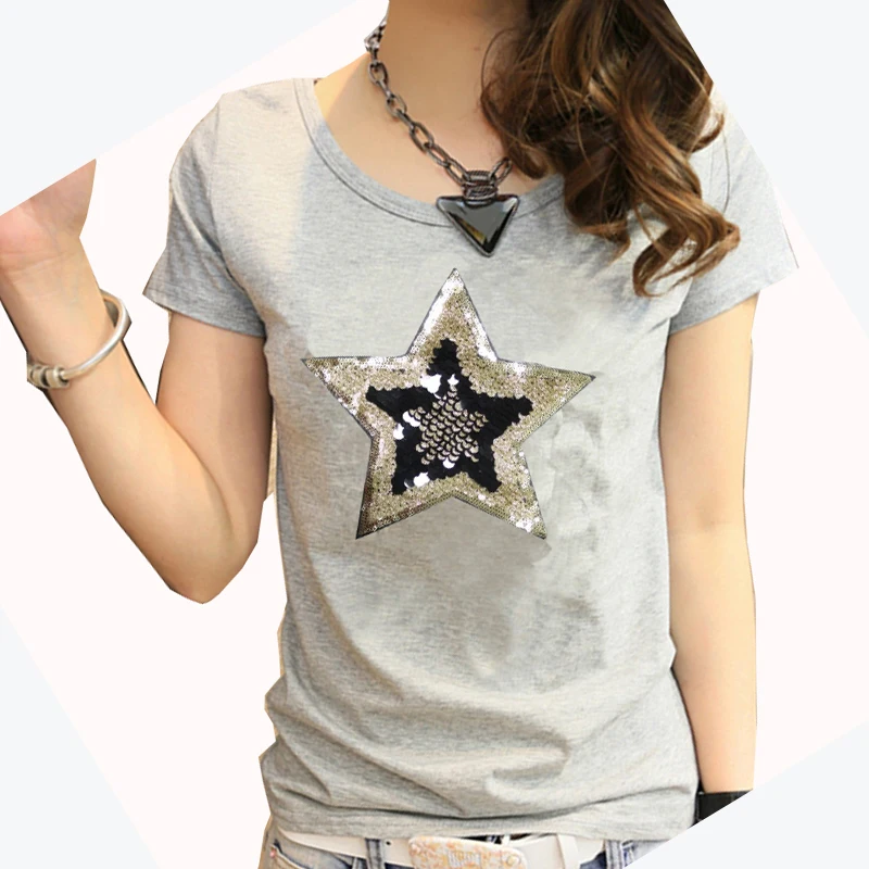 Women summer short sleeve slim cotton Five-pointed star Embroidery sequins tee t-shirts t-shirt t shirt for women shirt femme Women summer short sleeve slim cotton Five-pointed star Embroidery sequins tee t-shirts t-shirt t shirt for women shirt femme