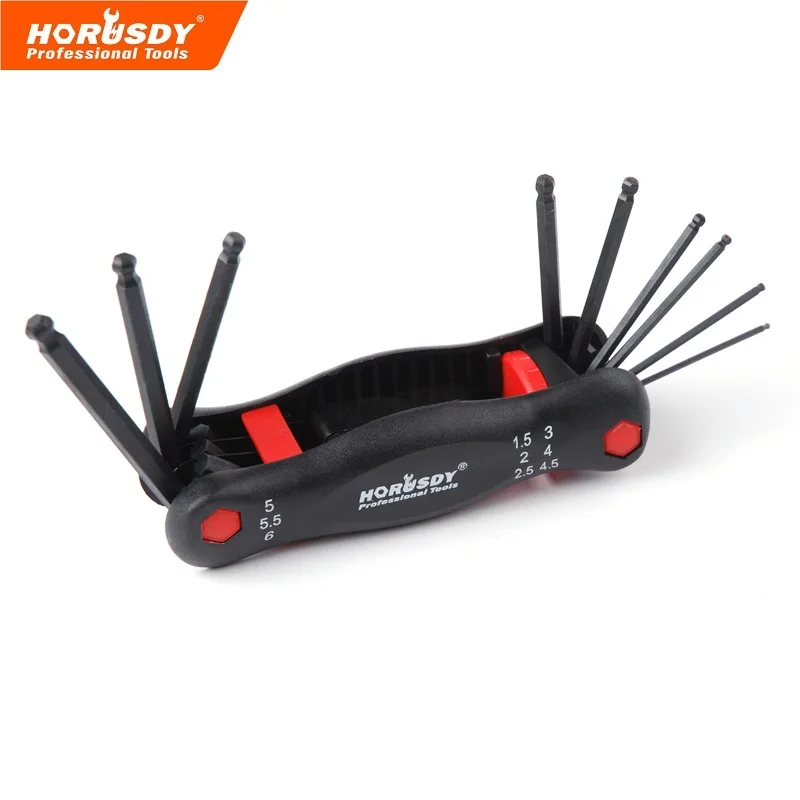 

HORUSDY 9 in1 Folding Ball Point Key Set With Rubber Grip Metric Ball Ended Hex Allen Key Wrench Set Bicycle Repair Hand Tools
