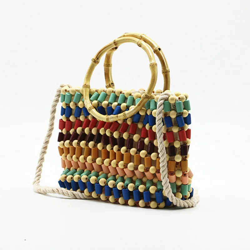 

2019 New Color Beaded Hand Woven Bag Women's Contrast Color Hand Bill of Lading Shoulder Braided Bag Bamboo Handle Females Bag