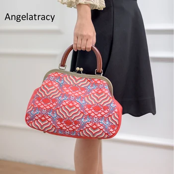 

2018 Angelatracy New Design Sea Wave Pattern Women Tote Bag Red Women Big Bags Silk Brocade Handbag High Quality Famous Brand
