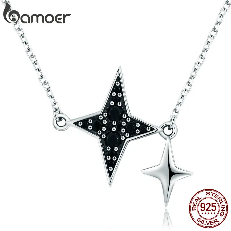 

BAMOER Genuine 100% 925 Sterling Silver Sparkling Geometric Black CZ Pendant Necklaces Women Sterling Silver Jewelry Gift SCN234