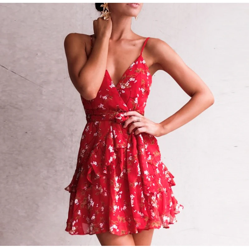 FREE SHIPPING Elegant Red Print Short Dress Women 2019 Summer Sexy ...