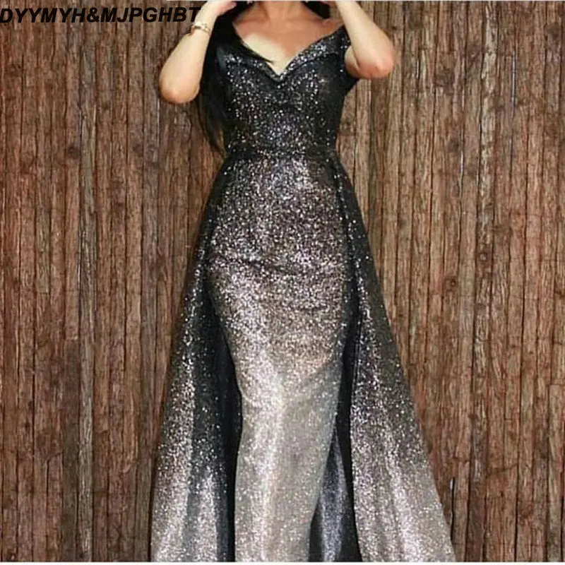 Glitter Sequins Long Mermaid Black Silver Evening Dress with Detachable Skirt 2019 Arabic Kaftan Dubai Formal Prom Party Dresses_