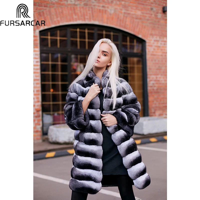 Женское зимнее пальто из Шиншиллы FURSARCAR натурального меха кролика Рекс куртка