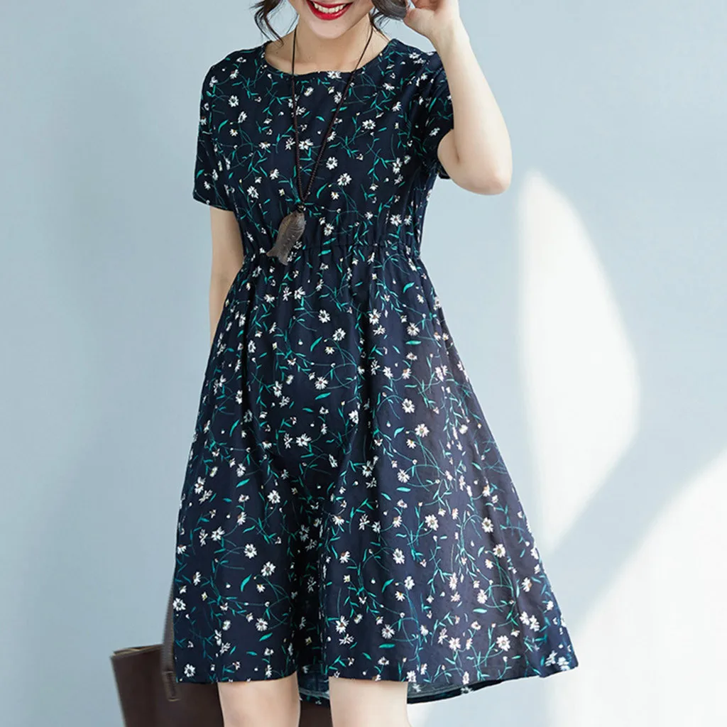 

JAYCOSIN dress Women's Summer Dress Pinting Loose Waist Slim Long Section Round Neck Cotton Dress Female 19 fashion vestido 506