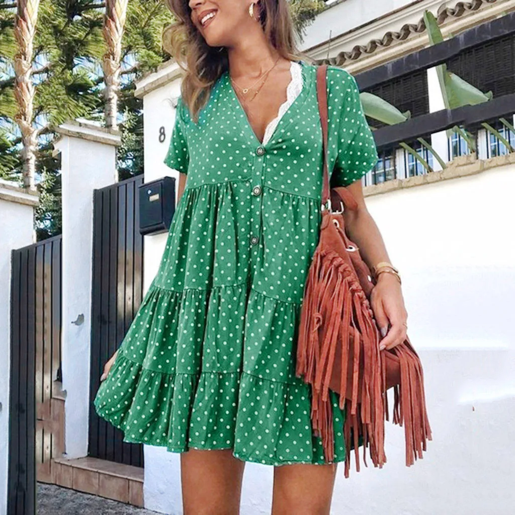 قصيرة النساء اللباس الكشكشة طباعة البولكا نقطة مثير Bodycon الشاطئ الإناث نصف كم الصيف حزب البسيطة فساتين Vestidos