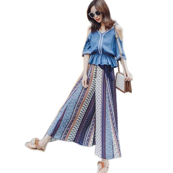 

Floral Print Chiffon Loose Wide Leg Women 2 Piece Set Top And Pants Fashion Temperament Ethnic New Women's Summer Suit