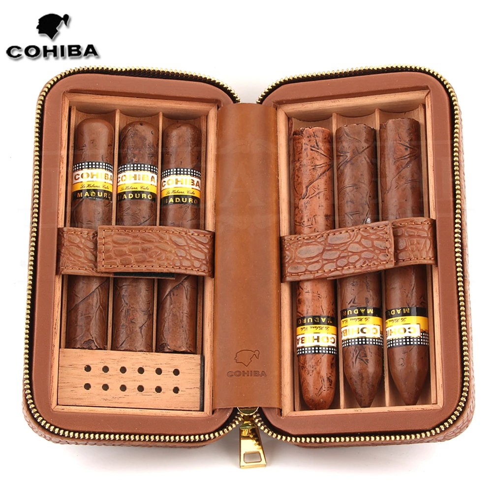 COHIBA, кедровое дерево, хьюмидор для сигар, кожаный чехол для путешествий, с увлажнителем, портативный, Charuto, Humidor Box Fit 6 Cuba Puros