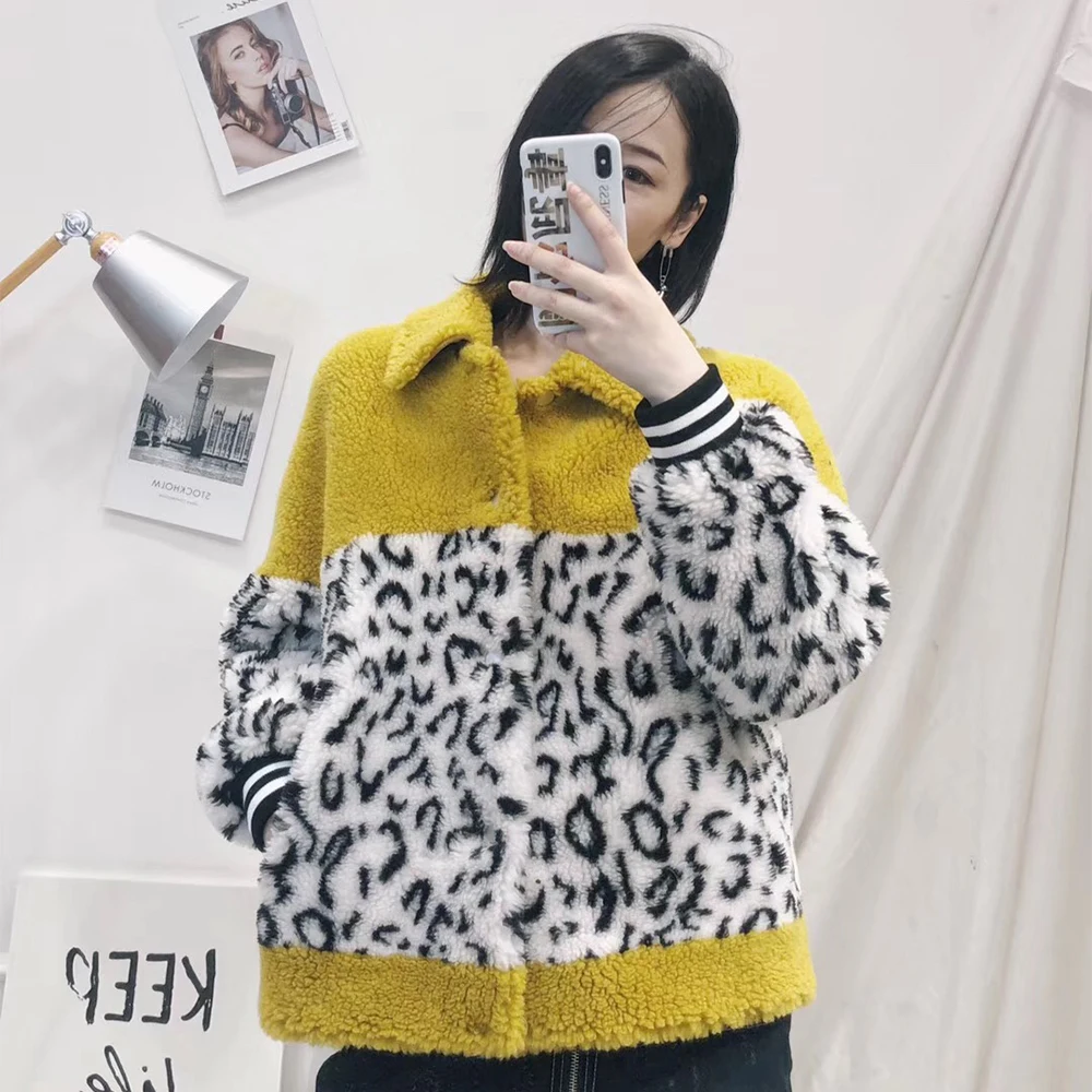 

2019 winter leopard print sheep Shearling Lamb Fur Coat Women Wool jacket with Faux Suede Leather Liner fur coat short