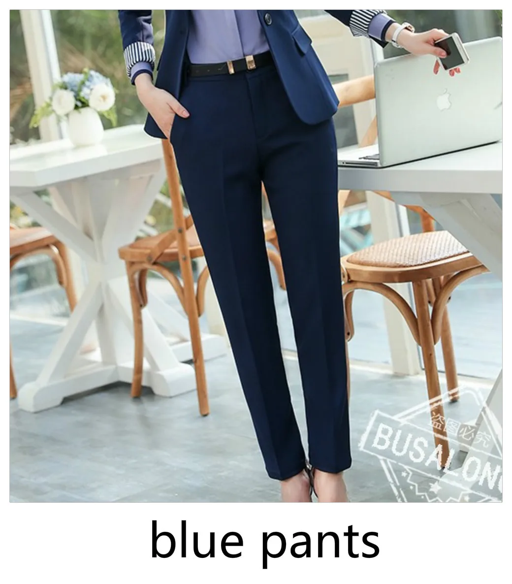 Костюм женский брючный костюм женский костюмы женские женский костюм Женский костюм для работы, костюм для офиса комплект из 2 предметов, Блейзер, женские деловые штаны, черное пальто, брюки, осень - Цвет: Blue Pants
