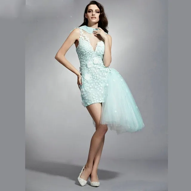 Light Green Short Prom Dress 2017 New Arrival O Neck Beaded Flowers