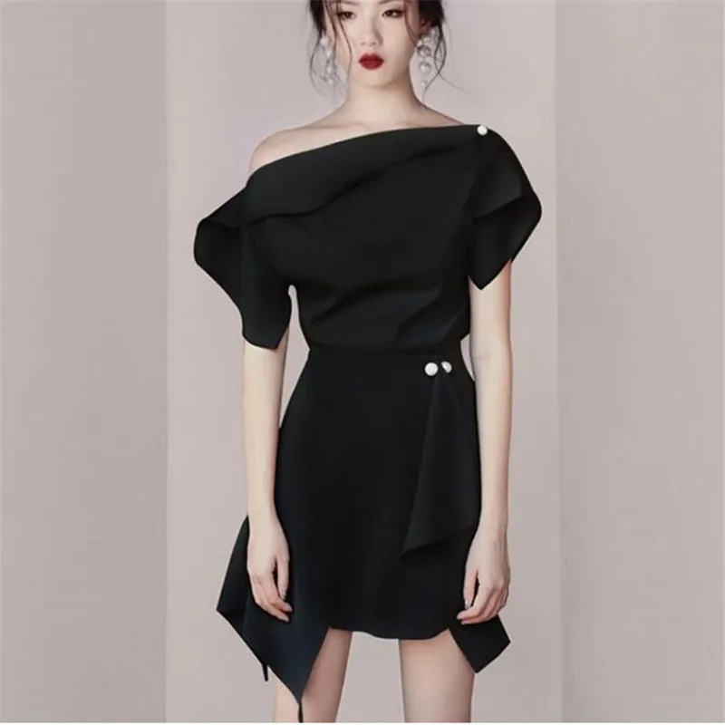 

Limiguyue elegant black slim casual summer 2 piece set off the shoulder tops asymmetrical skirt suit runway women's set T652