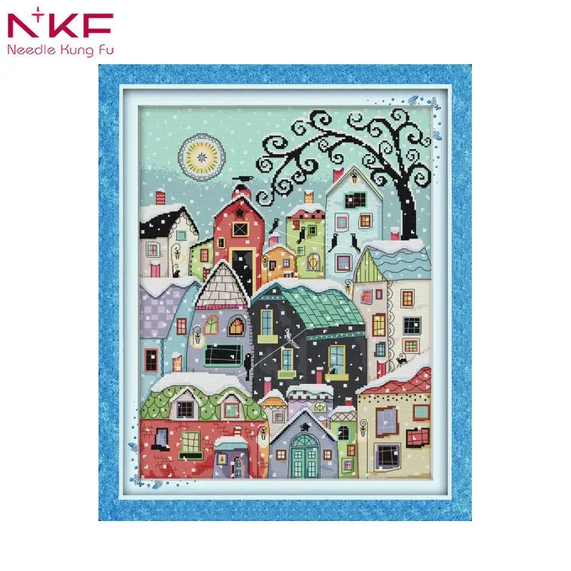 

NKF snow street scenery cross stitch kits DMC 14CT and 11CT Needlework Embroidery Cross-Stitch set DIY Handwork Fabric