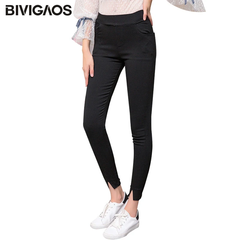 

BIVIGAOS Autumn New Women's Front Fork Split Black Leggings Elastic Skinny Pencil Pants Office Ladies Plus Size Leggings Women