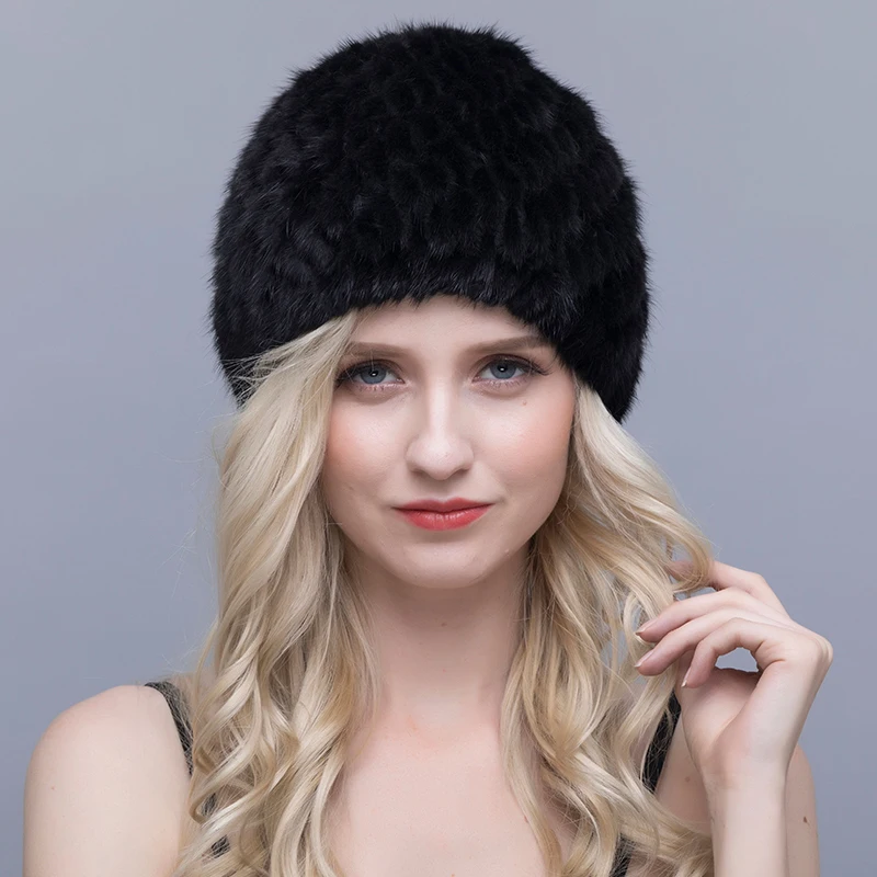 

QIUSIDU Real Mink Fur Hat Women's Knitted Winter Warm New Cap 2017 Striped Pineapple Russian Lining Headwear Lined Natural Hats