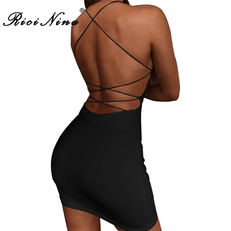 RICININA 2019 Women Halter Dress Woman Sleeveless Backless Cross Bandage Mini Dress Vestidos Ladies Casual Sexy Bodycon Dresses