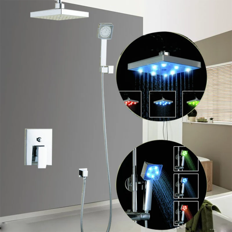 

LED NEW Tempered Galss Shower Set Torneira 8" Rainfall Shower Head +Heldhead Bathroom Bathtub Chrome Mixer Wall Mounted