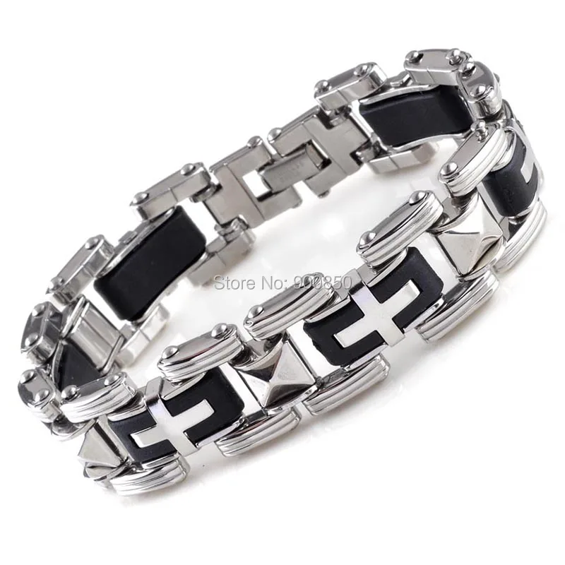 Fashion Jewelry Men Cross Stainless Steel Black Rubber Bracelet Bangle Wristband Male Silicon Stainless Steel Bracelets 6