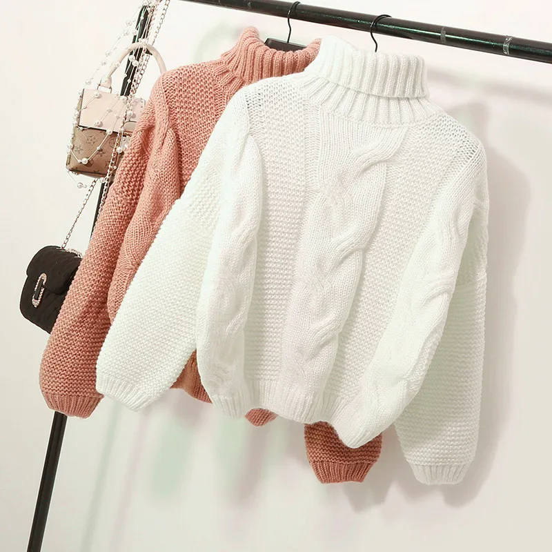 البلوزات المرأة الخريف الشتاء سميكة الالبسة الكورية نمط Turtlenek الرقبة قصيرة ارتداء كسول الرياح السترة قمم البيج البني