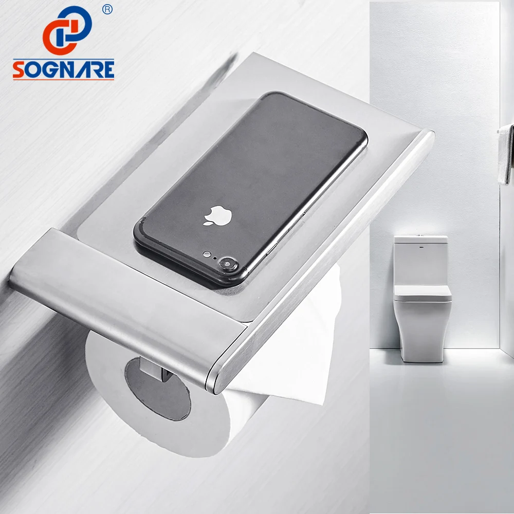 SOGNARE 304 Stainless Steel Toilet Paper Holder with Phone Shelf Toilet Tissue Wall Toilet Roll Holder Bathroom Accessories