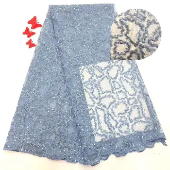 

Wholesale high-quality gauze lace sky blue African lace fabrics and sequins beads African French wedding lace fabrics 5 yards
