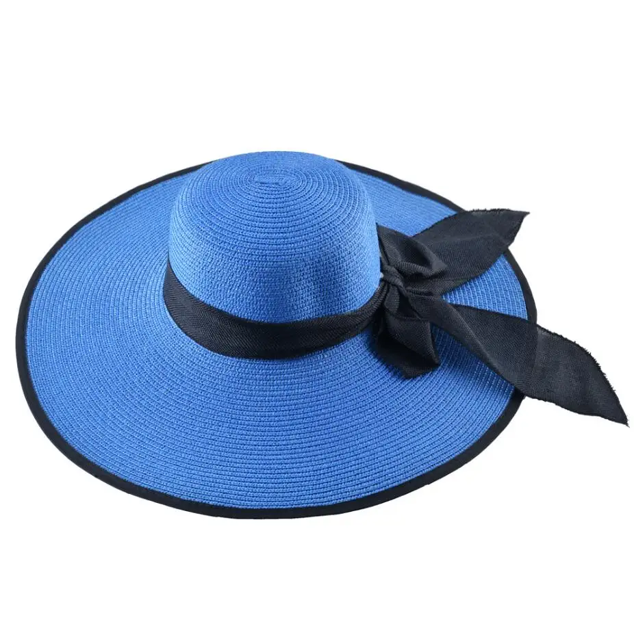 Модная соломенная кепка женская летние Повседневное широкими полями Защита от солнца Кепки бант женские пляжный отдых Шапки большой козырек летние шляпы соломенная шляпа - Цвет: Blue2