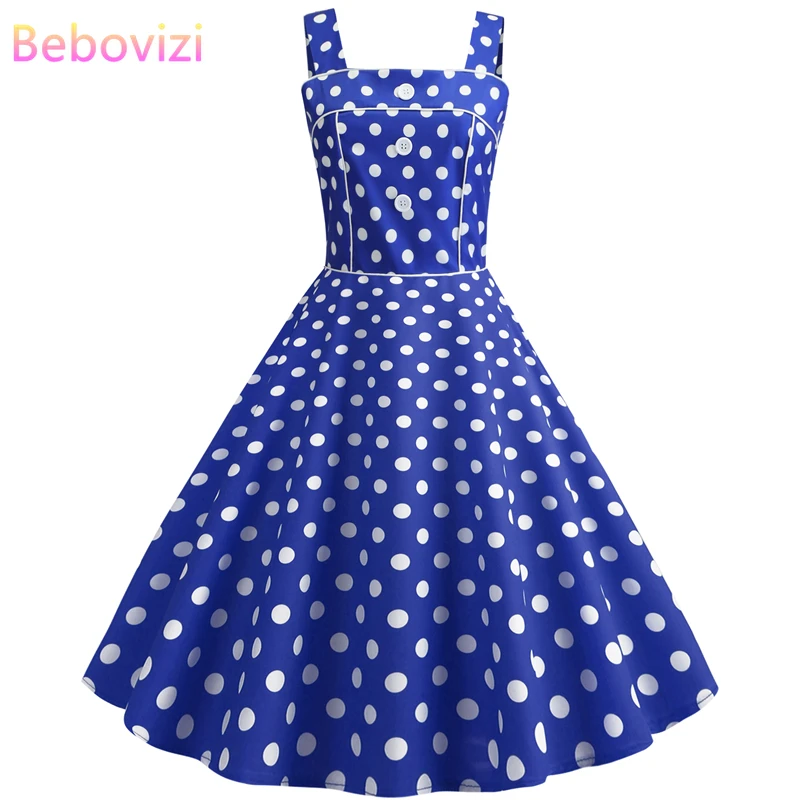 

Bebovizi 2019 Casual Summer Dresses Plus Size Office Women Elegant Vintage Blue Dress Spaghetti Strap Dots Print Sexy Vestidos