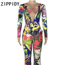 New Colorful Pattern Jumpsuit Long Sleeves Stretch Wear Women's Prom Party Bodysuit Female Singer Dance Nightclub Sexy outfit