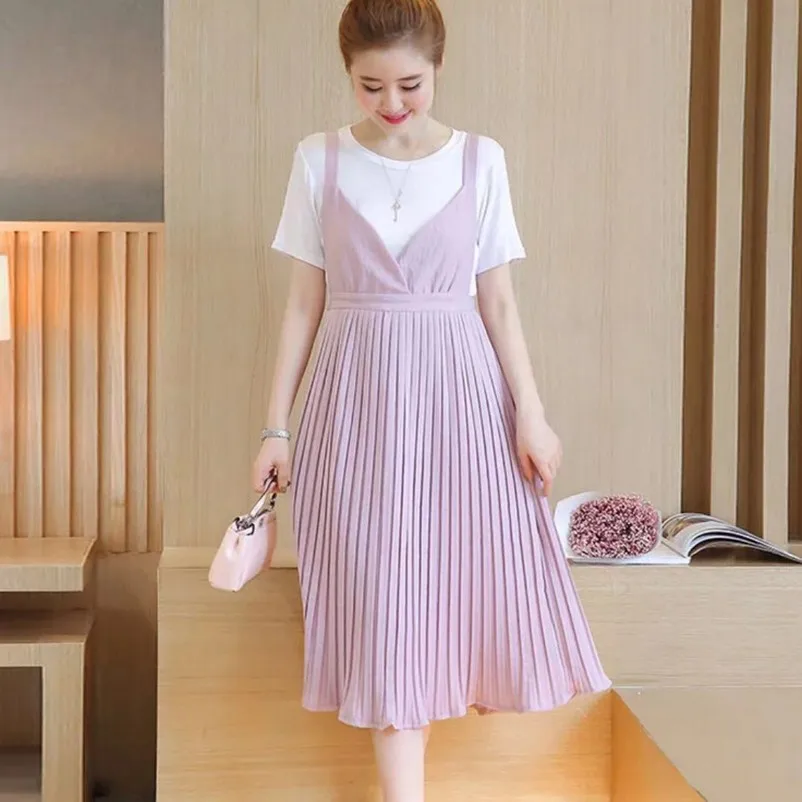 

Summer Breastfeeding Maternity Dress Pleated Strap Nursing Dress Two-Piece Short-Sleeved Maternity Gown Pink Pregnancy Dress