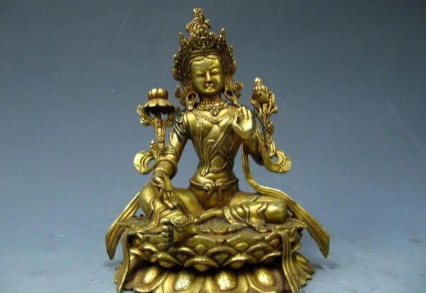 

song voge gem S1509 9"Tibet Pure Bronze 24K Gold Gild Green TaRa Kwan-Yin Bodhisattva Buddha Statue