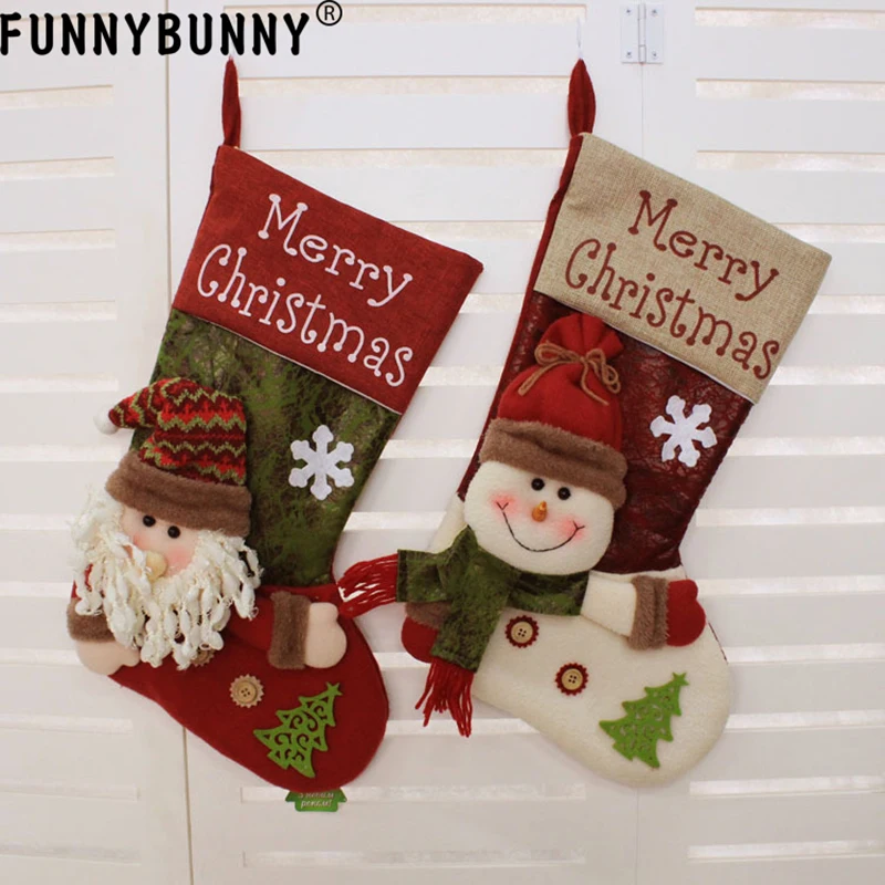 

FUNNYBUNNY Christmas Xmas Stocking Cute Decorations Gift Toys Stockings Bag 3D Plush Linen Hanging Tag