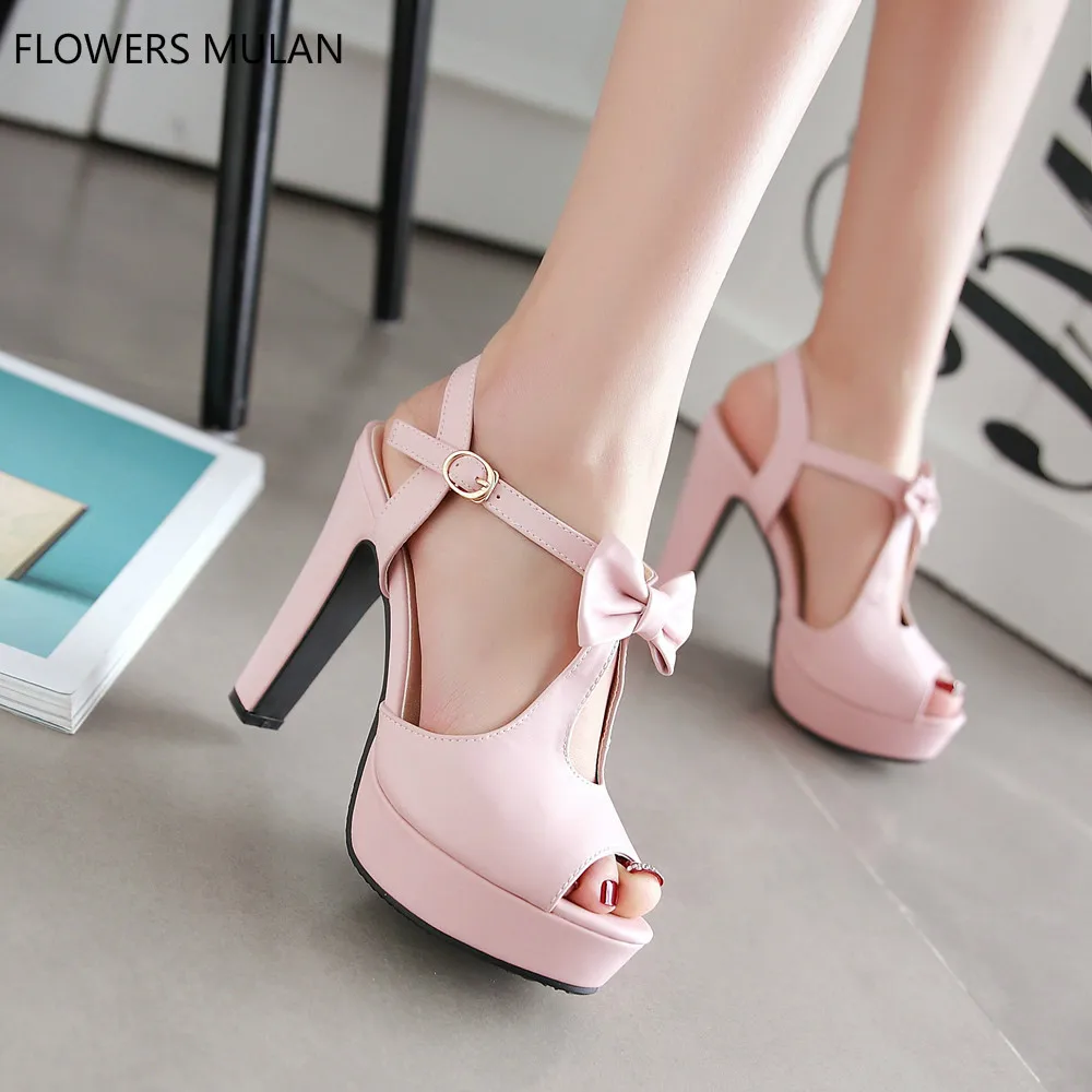 

Pink Sky Blue White Black Patent Leather Upper High Heels Shoes Woman Peep Toe Bowtie Elegant Lady Sandals Summer T Strap Pumps