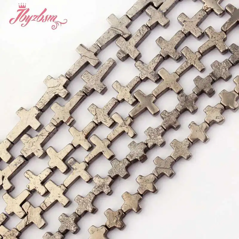 CROSS PALAZZO IRON PYRITE GEMSTONE CROSS 15X10MM LOOSE BEADS 7/"